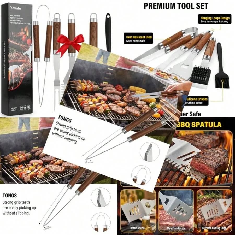 BBQ Grill Accessories Set, Grill Tools Grilling Accessories Grilling Gifts For Men - Spatula, Fork, Brush, Tongs And Cleaning B