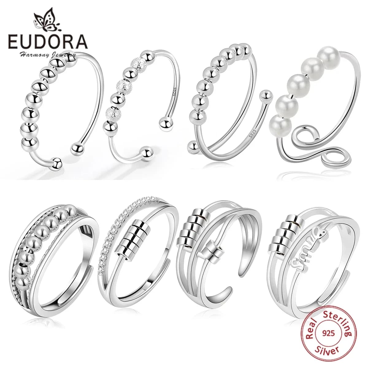 Anello Antistress Eudora in Argento Sterling 925 per Donne, Anello Girevole Antiansia Regolabile, Regalo per Lei