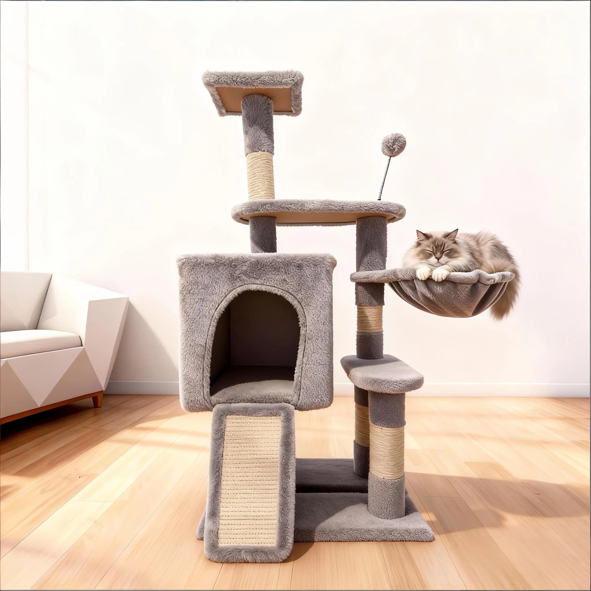 Albero per Gatti Multi-Livello con Cuccia, Amaca e Tiragraffi - Cuccia per Gatti a 4 Livelli Alta 93 cm con Tavola Tiragraffi, Multi-Livello