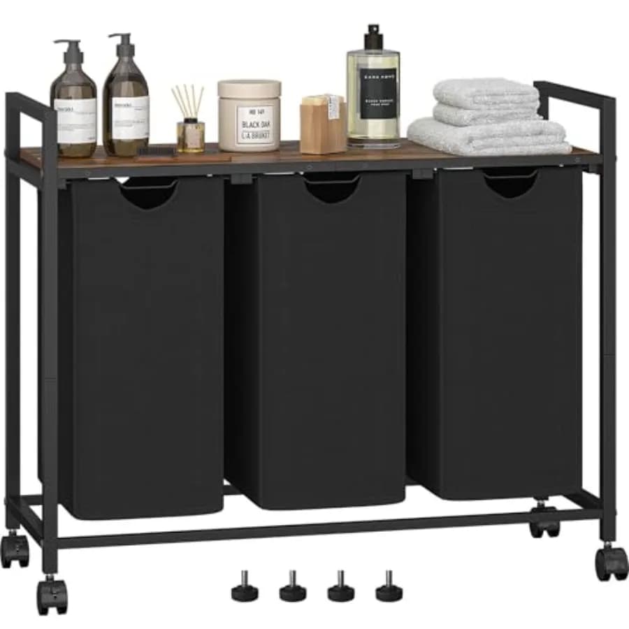 Cesto portabiancheria con 3 sacchi estraibili rimovibili, ripiano, da tavolo, marrone rustico, per bagno e camera da letto, 3 x 11,5 galloni, 43.