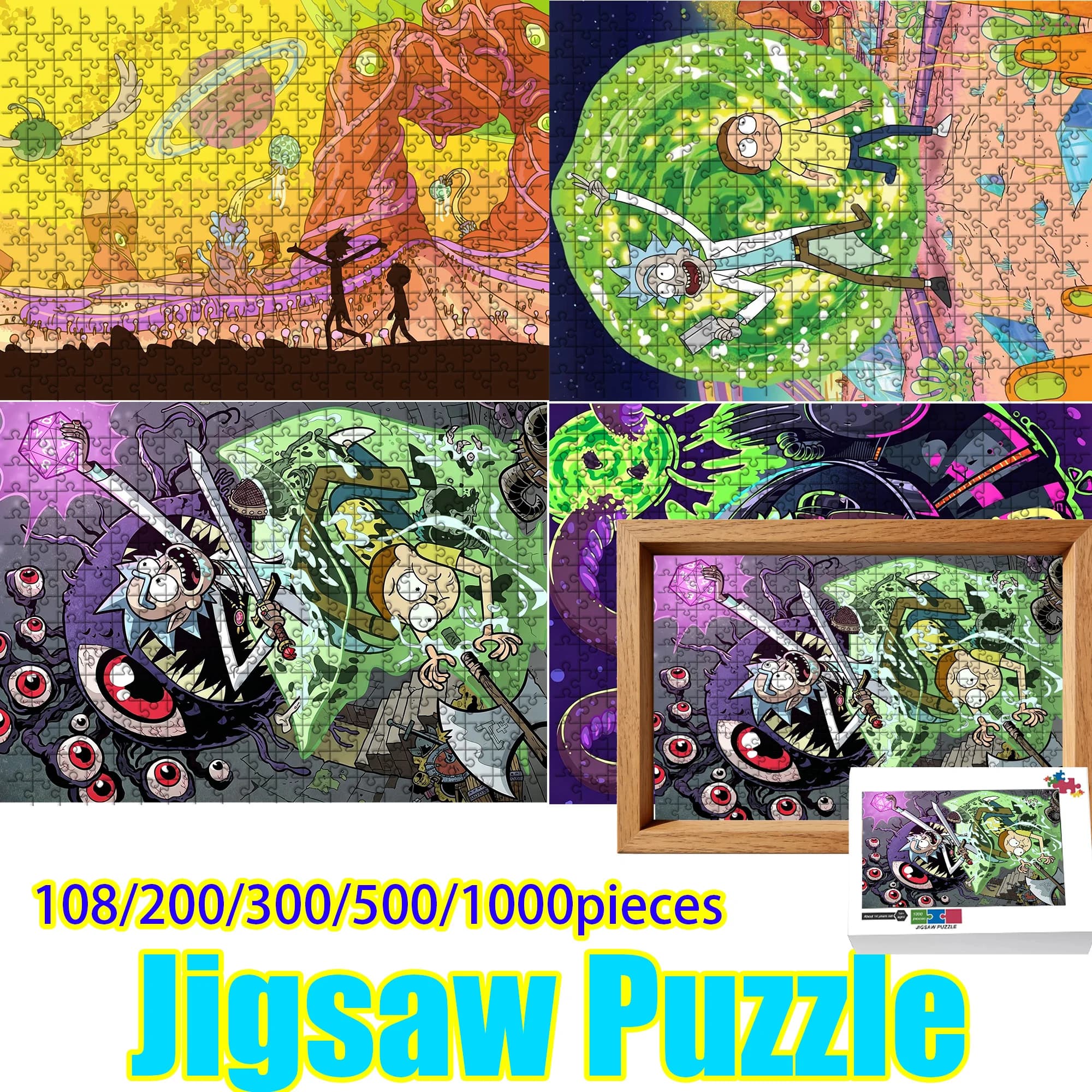 Puzzle in Legno 108/200/300/500/1000 Pezzi, Motivo Cartone Animato Rick and Morty, Gioco di Assemblaggio Fai-da-Te Antistress, Regalo