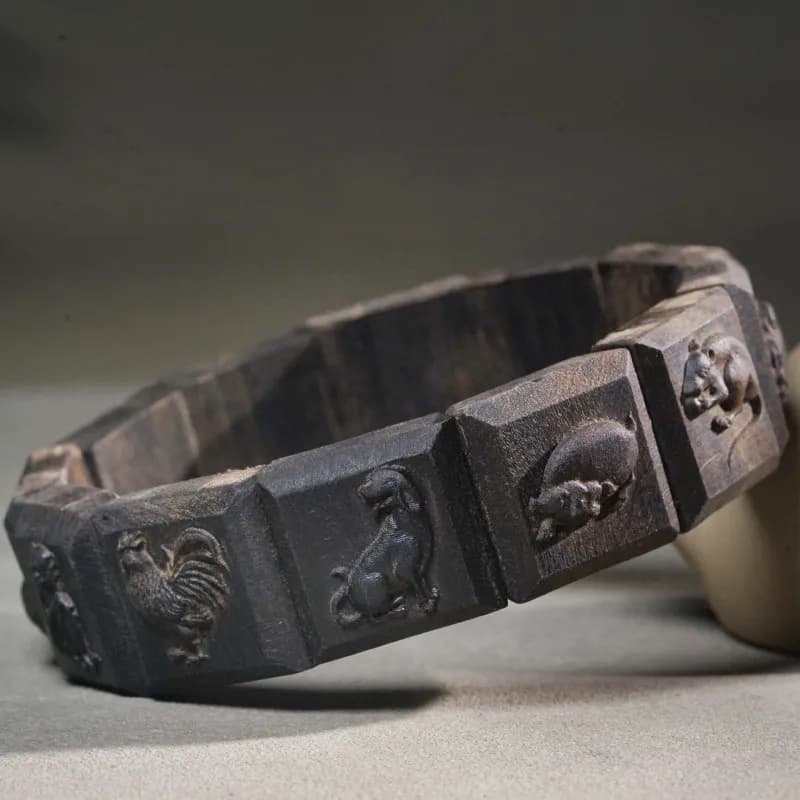 Carved Agarwood Chinese Zodiac Bracelet Wooden Ethnic Style Hand Jewelry Gifts