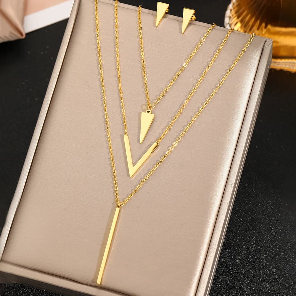 DGIDDK Collana con ciondolo rettangolare a triangolo geometrico in acciaio inossidabile Orecchini Set di gioielli da donna Regalo di gioielli di moda delicati