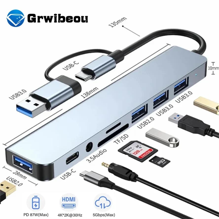 HUB USB tipo C 8 in 2 con lettore di schede splitter USB 3.0 USB 2.0 SD/TF Lettore di schede splitter Docking station per PC HUAWEI Xiaomi