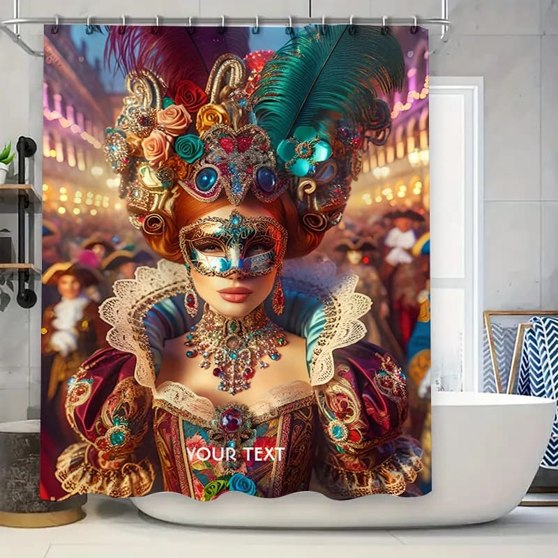 Tende da doccia stampate con maschera di carnevale vivida per l'arredamento del bagno Opzione di testo personalizzabile (blu-verde)