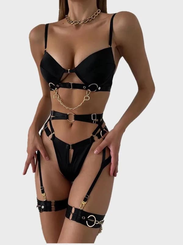Sexy Chain Strap Bandage Bra Set Thin Steel Support Gathered Women's Underwear mid Waist Fixed Double Strap Summer Collection