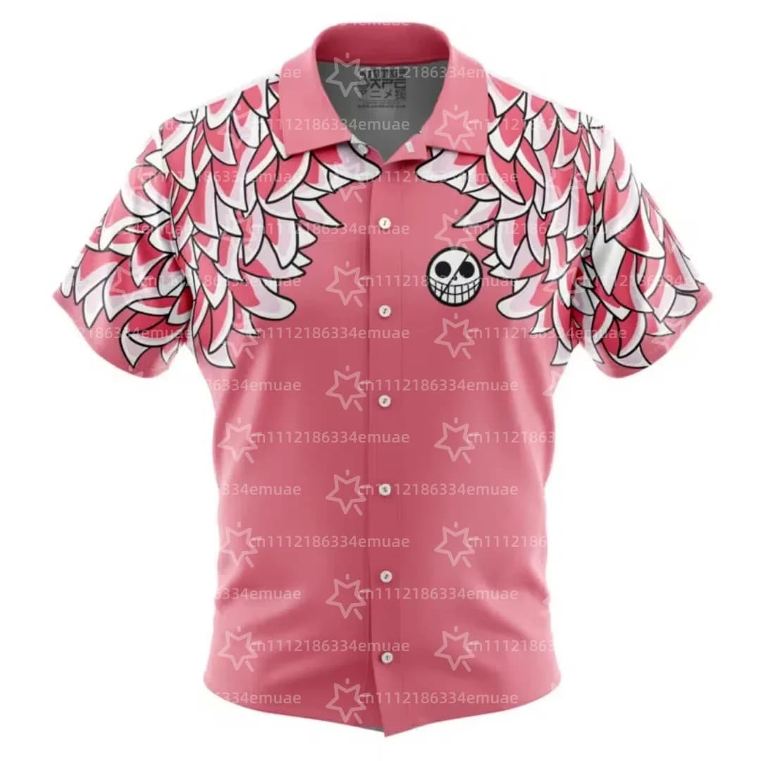 Camicia Hawaiana con Bottoni One Piece Motivo Doflamingo 2026, Asciugatura Rapida, per Uomo, Bambino e Donna, Stile Y2K
