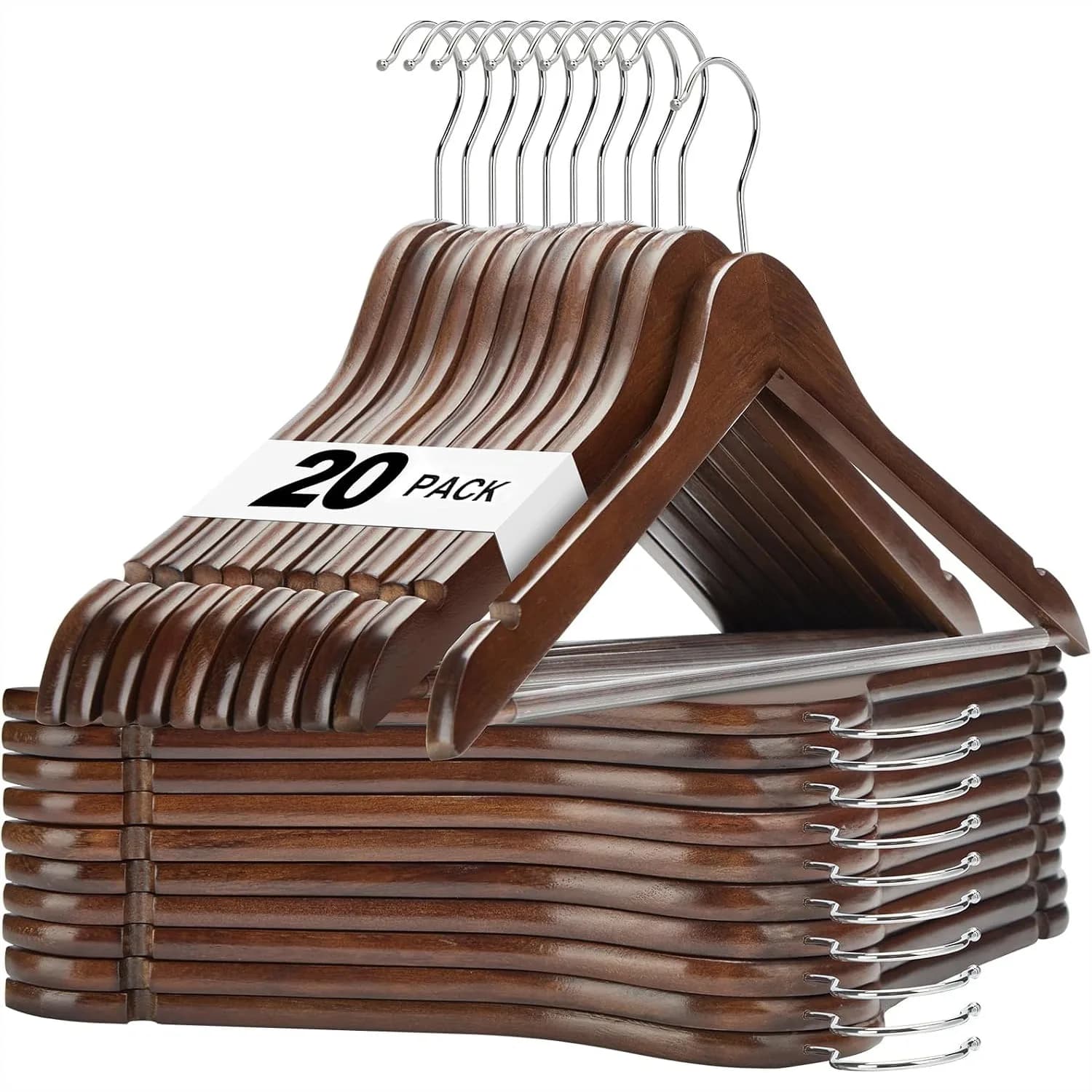 20 Pack Solid Wood Hangers with Non Slip Pant Bar, Heavy Duty Coat Hangers for Closet, Smooth Finish Clothes Hangers for Shirts
