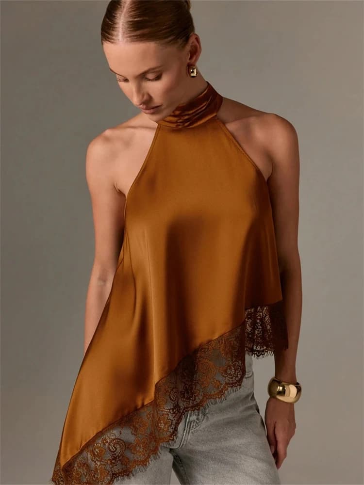 Women's Autumn Satin Halter Neck Top Asymmetrical Lace Trim Backless High Neck Blouse Silky Sleeveless Camisole