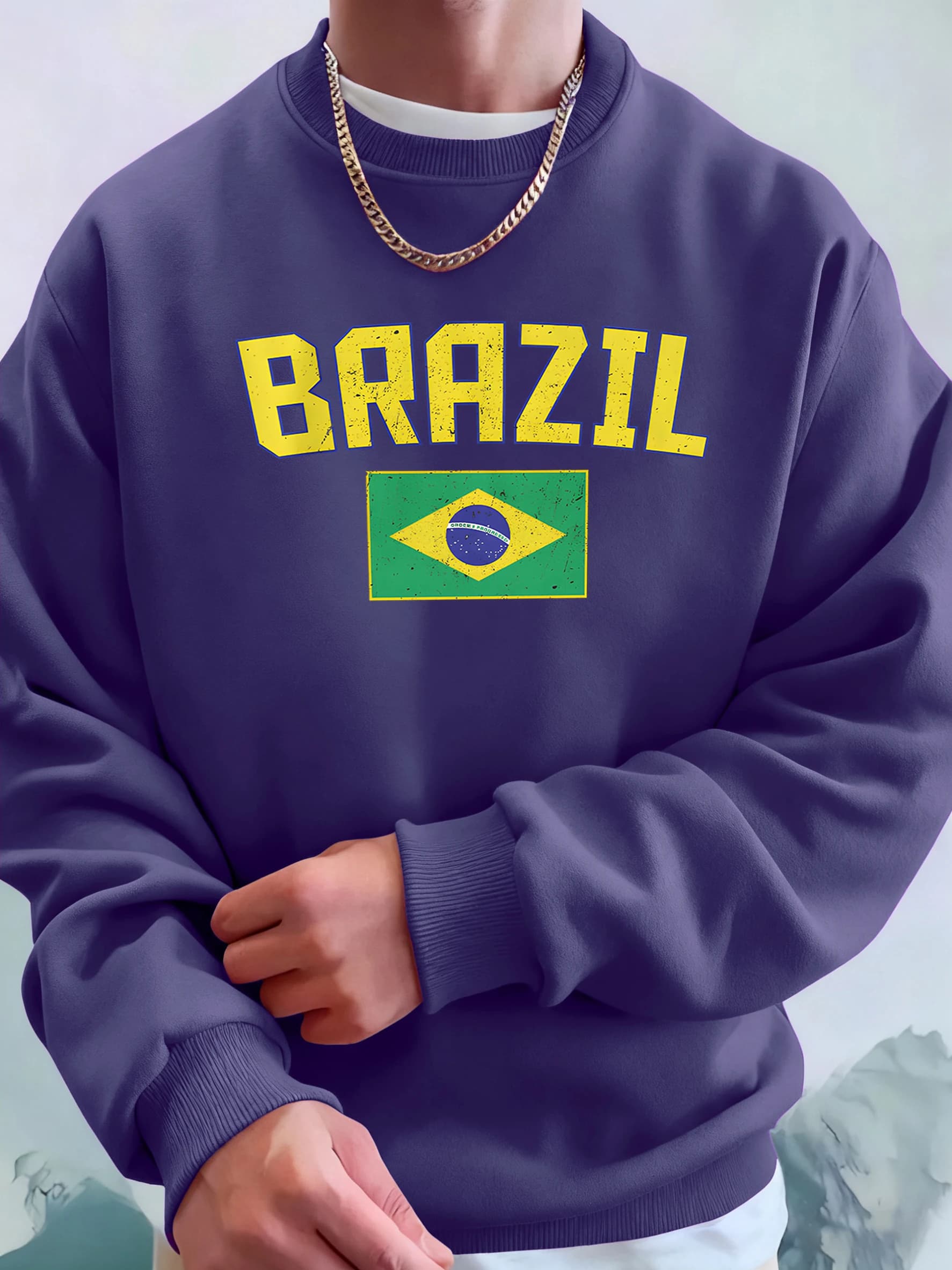 Brasile Lettera e bandiera Stampe Tasca da uomo Streetwear Street Basic Felpa con cappuccio Girocollo Felpe sportive Pullover alla moda in pile