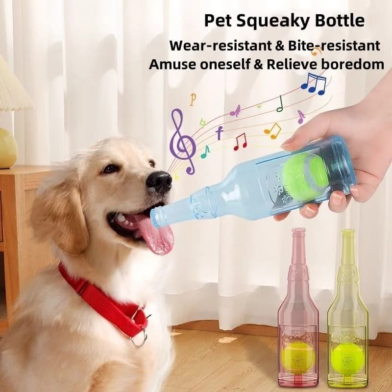Squeaky Silicone Beer Bottle Dog Chew Toy with Tennis Ball Bite-Resistant Interactive Puppy Teething Toy for Teeth Cleaning