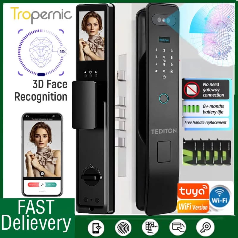 Tuya 3D Face Citofono in tempo reale Serratura intelligente Telecamera di sicurezza Password intelligente per impronte digitali Sblocco chiave elettronica biometrica