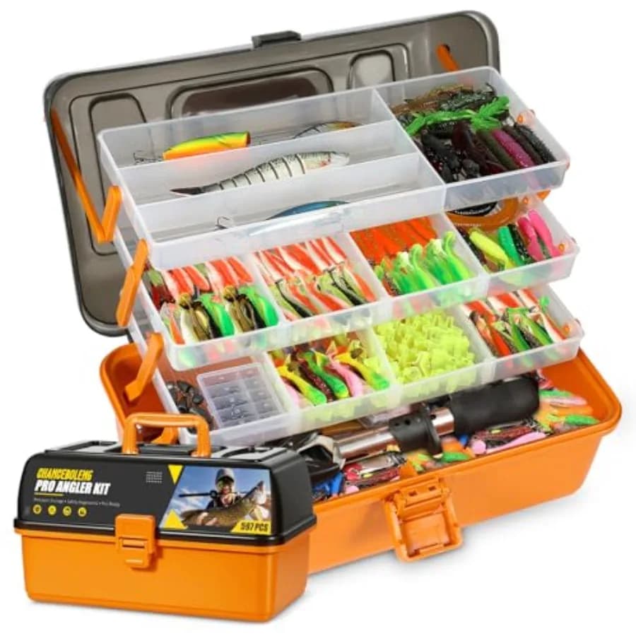 Kit di 597 esche da pesca con grande scatola porta attrezzi a 4 strati, pinze, crankbait, ami, pesi e accessori completi per acqua dolce