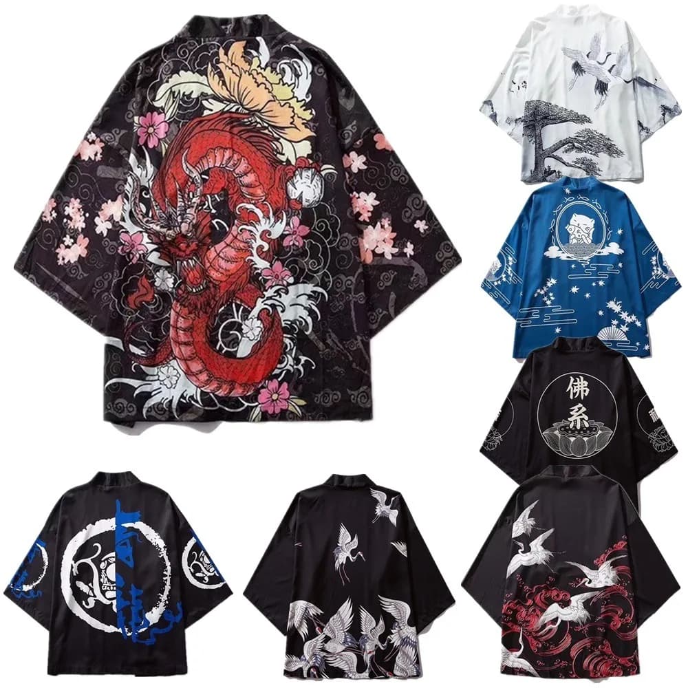 Accappatoio Giapponese a Mezza Manica da Uomo, Stile Kimono Estivo Casual, con Stampa Gru e Drago, Abbigliamento Etnico Giovanile per Casa