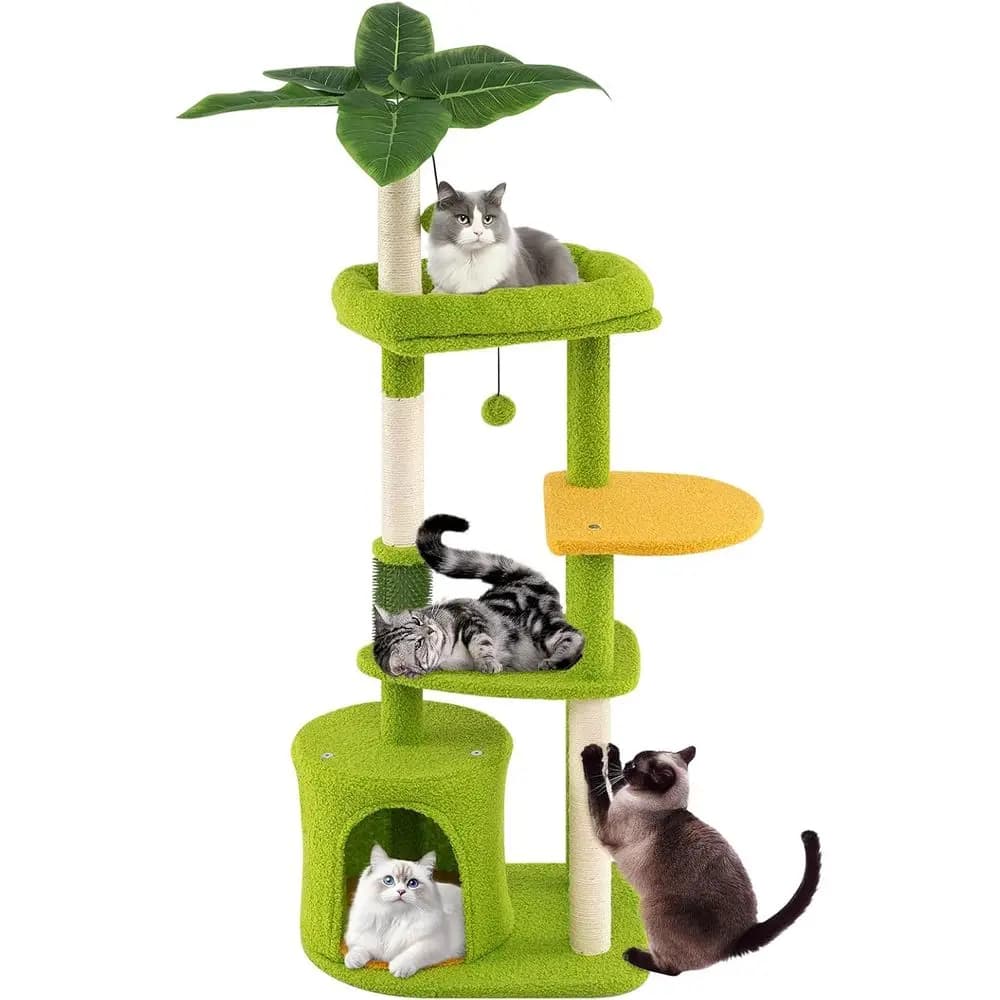 Albero per Gatti con Pali in Sisal, Cuccia Imbottita, Cuccia a Cupola, Piattaforme per Saltare e Palline, Albero per Gatti da Interno con Foglie Verdi