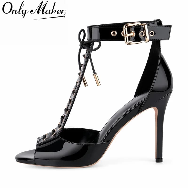 Onlymaker Women's Sandals with Open Tip, T Strap, Buckle with Laces, Painted Leather, Thin Heel Sandals for Celebrations and Weddings