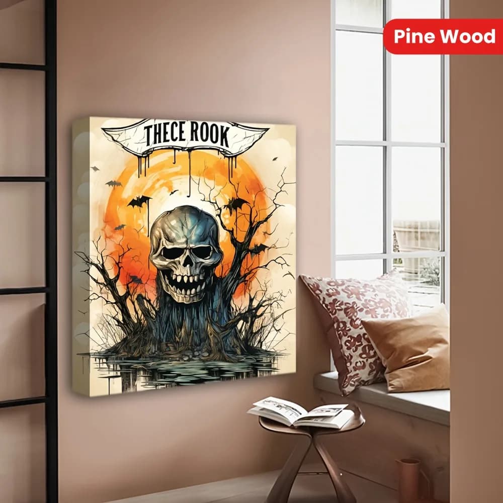 1.5 inch solid wood frame, Halloween skull tree and art deco bat, wall decoration with hanging images.