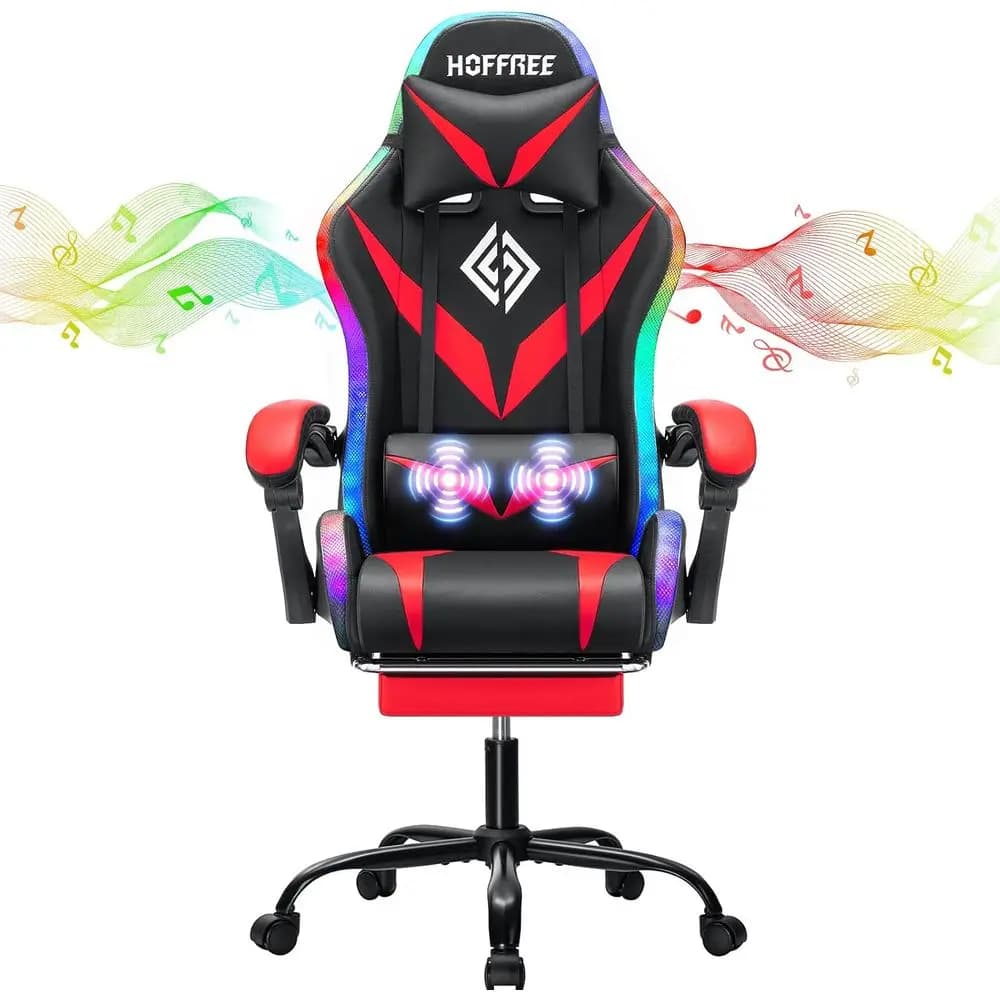 Ergonomic Gaming Chair with Speakers, Massage, Lights, and Recline for Adults in Red and Black