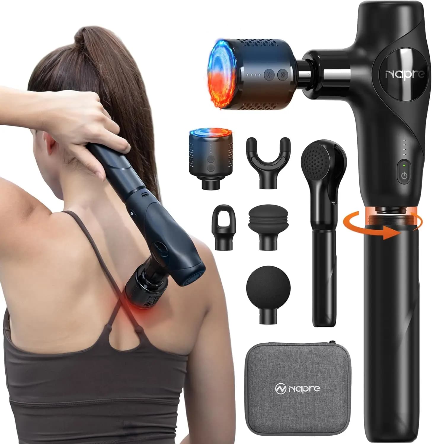Mini Pistola per Massaggio 3-in-1 con Funzione Caldo/Freddo, Impugnatura Staccabile per Alleviare il Dolore a Collo/Schiena, Massaggiatore Muscolare Portatile con 5 Testine