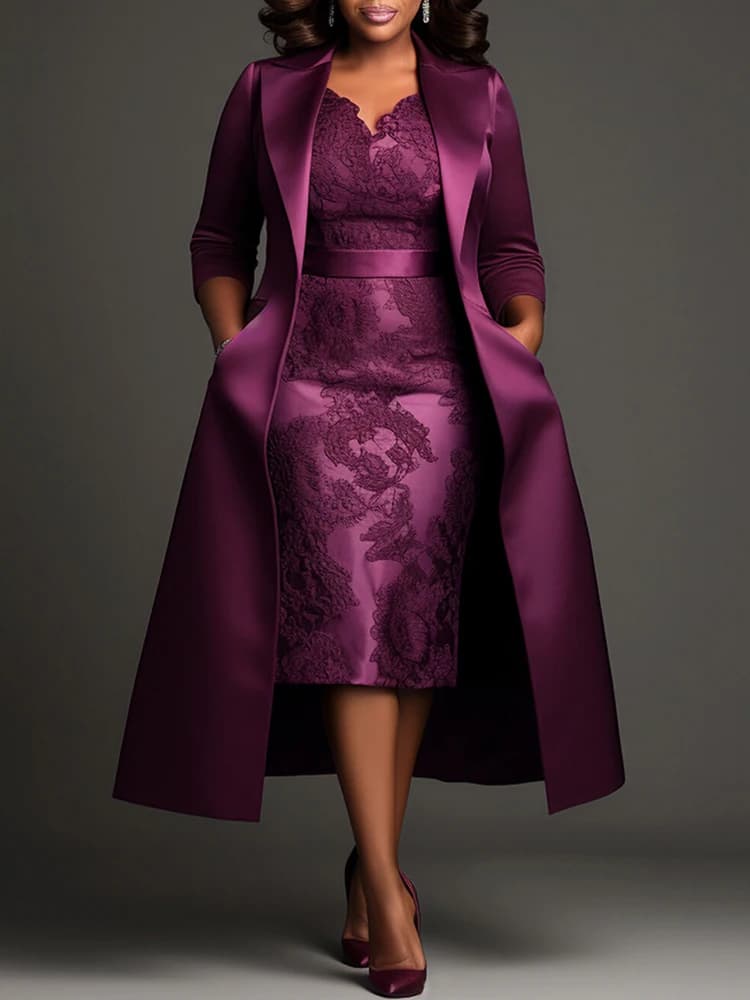 Women Plus Size Satin Midi-Length Jacket Two‑Piece Set Elegant Lapel Long Coat With Lace V‑Neck Midi Party Evening Dresses Sets