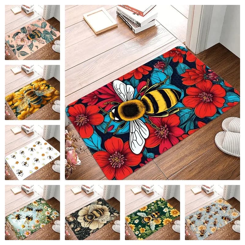 Tappeto piccolo antiscivolo con stampa di api e fiori Tappetino impermeabile facile da pulire per uso interno ed esterno Decorazione domestica durevole Moda