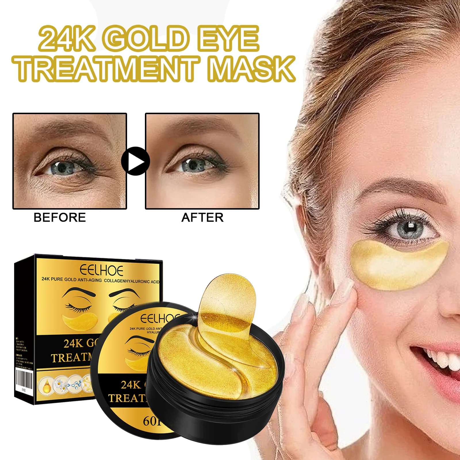Maschera per gli occhi Gold Collagen Crystal Eye Mask Skincare, patch idratanti con acido ialuronico per il contorno occhi, patch rassodanti e idratanti, prodotti nutrienti per la cura della pelle, gel idratanti che riducono le linee sottili per tutti i tipi di pelle