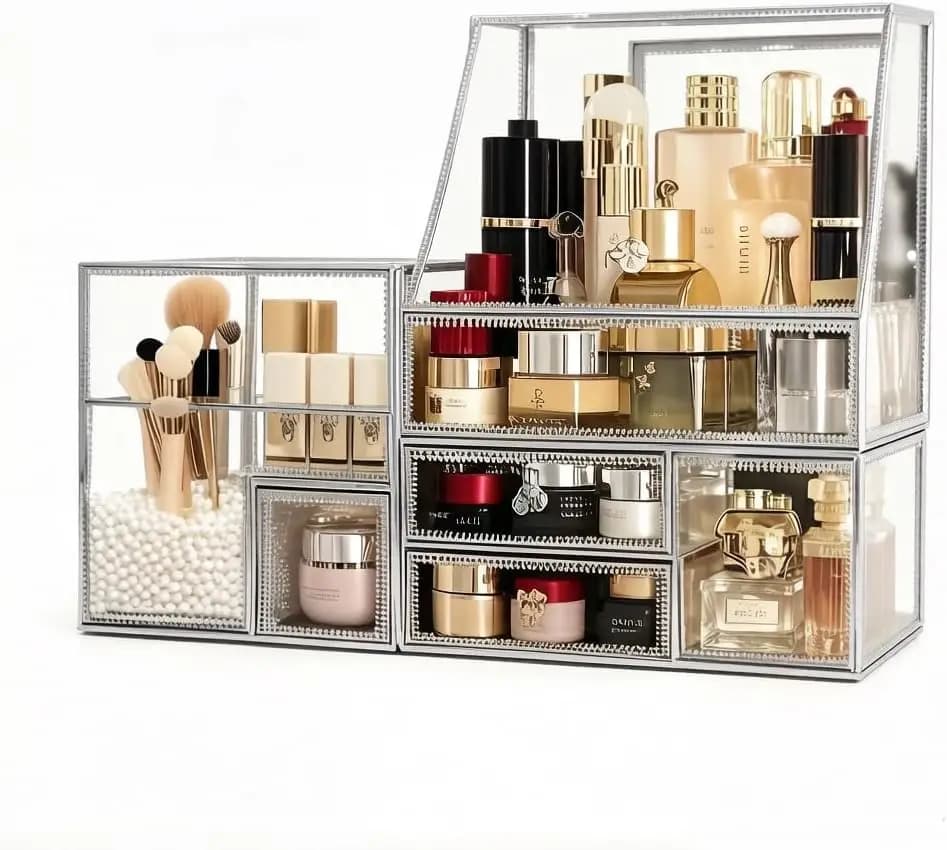 Tempered Glass Makeup Organizer with Heart-Shaped Metal Frame, Large Cosmetic Storage Drawer Cabinet for Lipstick Brush Skincare