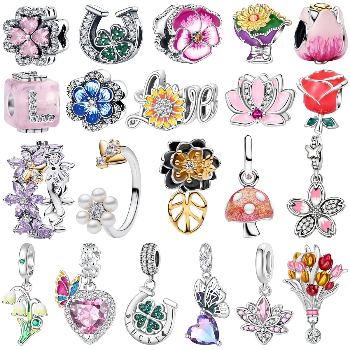 Bracciale in Argento Sterling 925 con Ciondoli a Forma di Trifoglio, Tulipano, Bouquet Portafortuna, Pansy, Fungo, Fiore e Perle con Gemme, Gioiello Regalo per Ragazze