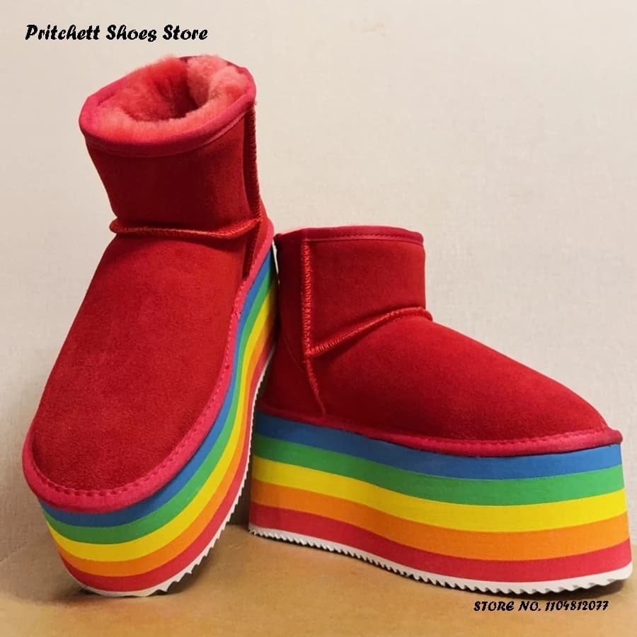 Stivali da neve caldi con piattaforma arcobaleno Stivaletti da donna autunno inverno Street Style in pelliccia sintetica Punta tonda Scarpe con rialzo di altezza