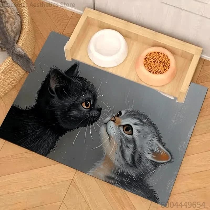 Tappetino Assorbente per Cibo per Animali Domestici con Motivo Gatto, Illustrazione Realistica, Impermeabile, per Area di Alimentazione di Cani e Gatti