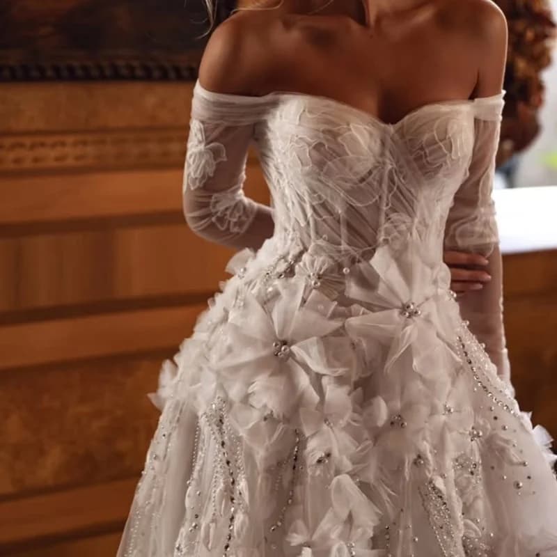 simple Lace white Wedding Dresses long sleeves decal off-shoulder 3D flower Bridal Gowns multi-layer Made Customized