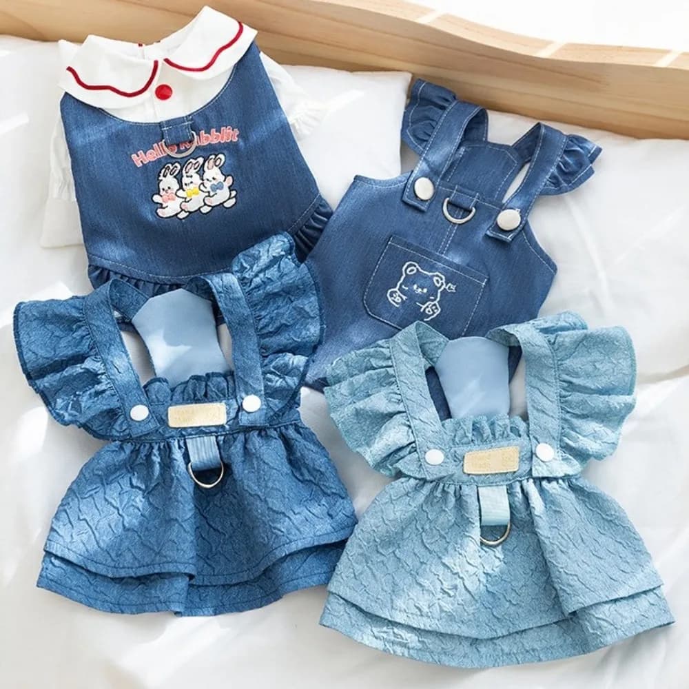 Nuovi vestiti per cani in denim maniche volanti colore blu abiti da festa per gatti carini con anello al guinzaglio vestiti per cuccioli per chihuahua