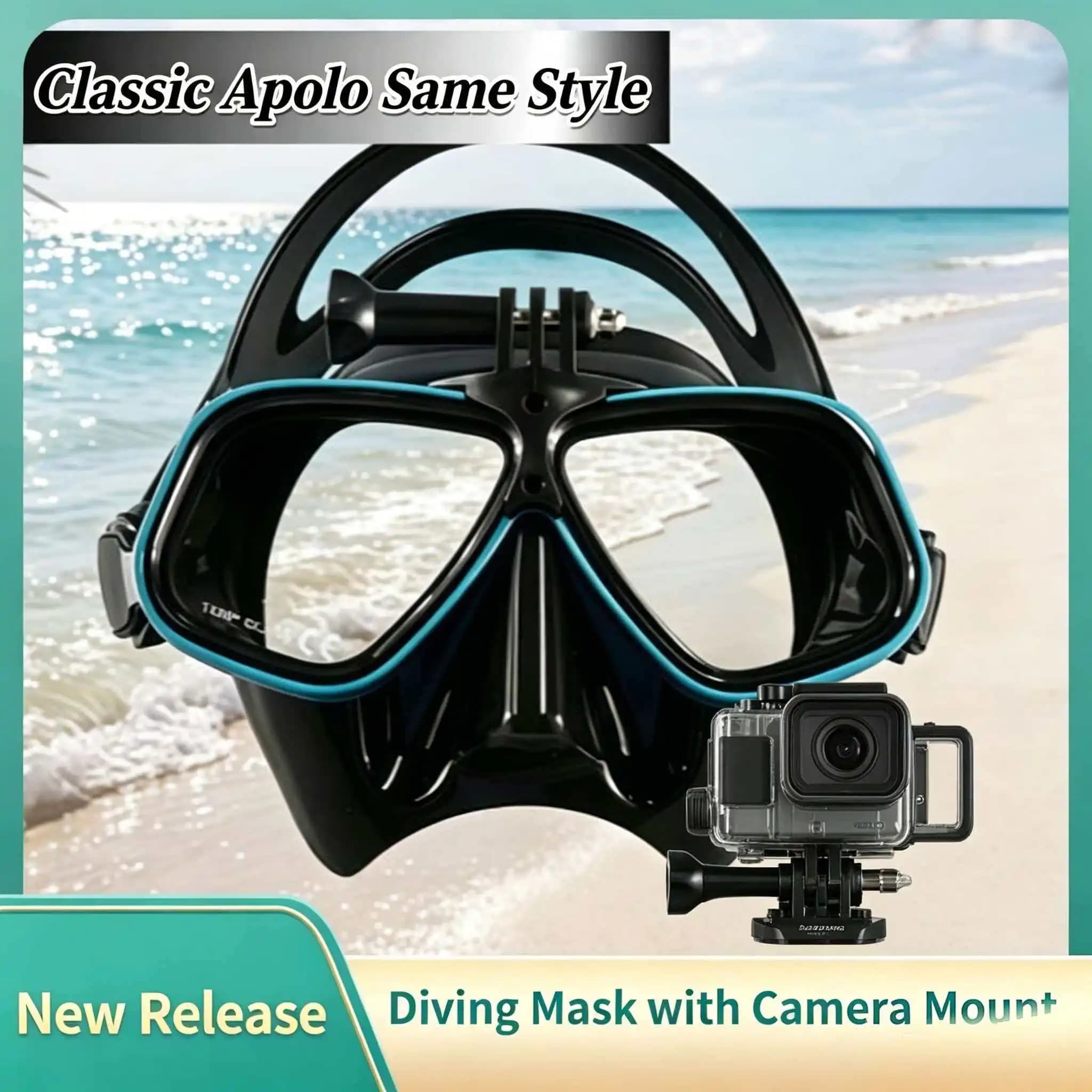 Una maschera con telaio in alluminio simile alla maschera Apollo per immersioni libere, adatta per lo snorkeling, in stile occhiali.