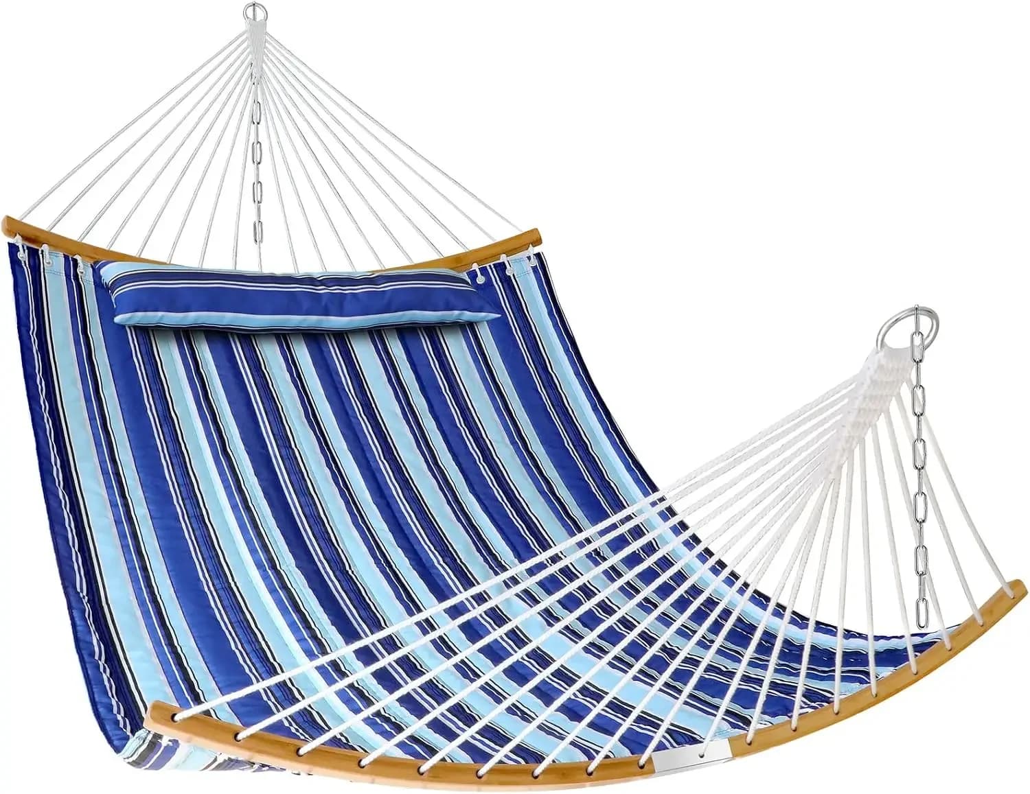 Double Hammock with Bamboo Wood Spreader Bars and Detachable Pillow, 2 Person 11 FT Portable Hammocks Bed Quilted Fabric Hammock