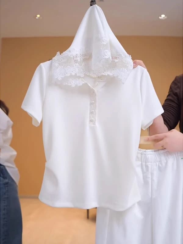 plus Size Pure Cotton Lace Trim Hoodie White Short Sleeve T-Shirt Summer New Style Belly Covering Shoulder Level Top Small Shirt