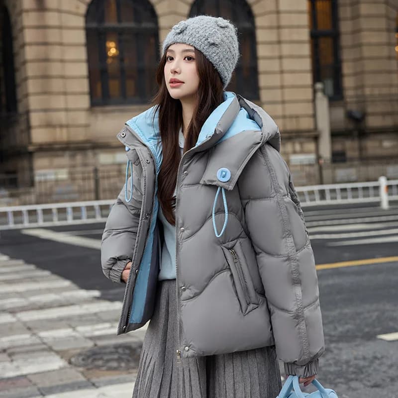 Winter Women's Parka Coat Color Blocked Drwastring Hooded Cropped Lady's Padded Coat Casual Loose Fit Quilted Jacket For Female