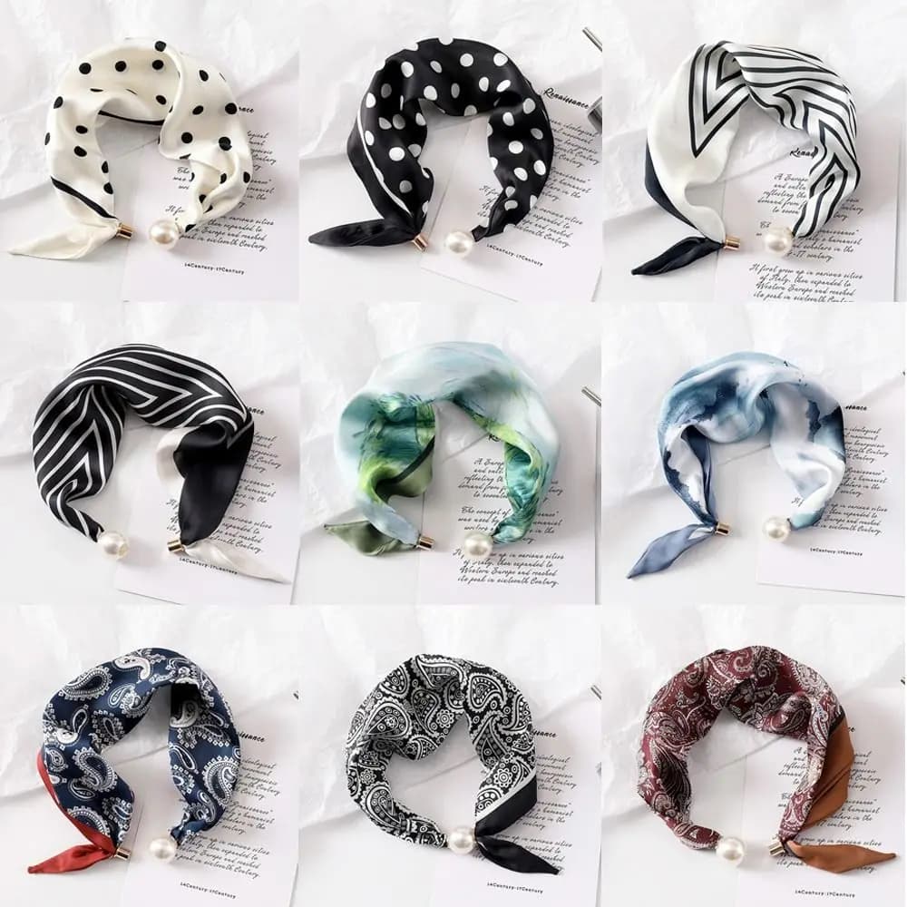 New Pearl Buckle Silk Scarf Thin Printed Neck Scarf Lightweight Soft Neckerchief Women