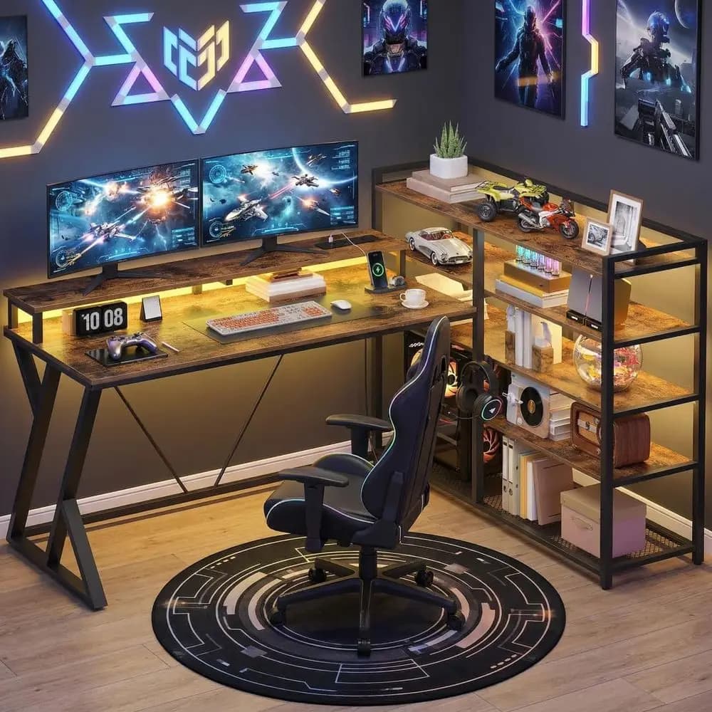 52-inch L-Shaped Gaming Desk with LED Light, Power Outlet, Storage Shelves, and Monitor Stand in Rustic Brown