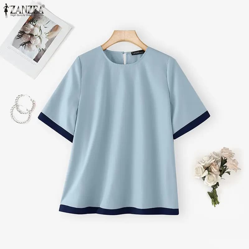 ZANZEA Elegante Camicetta da Lavoro OL da Donna, Top Estivo a Mezza Manica, Bluse Larghe Patchwork Oversize, Blusas da Festa Streetwear, Top Femminili