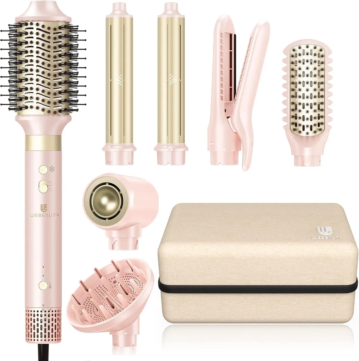 Spazzola Asciugacapelli 8-in-1 con Doppio Voltaggio, Styler Ionico ad Asciugatura Rapida per Capelli Voluminosi Senza Crespo - Rosa