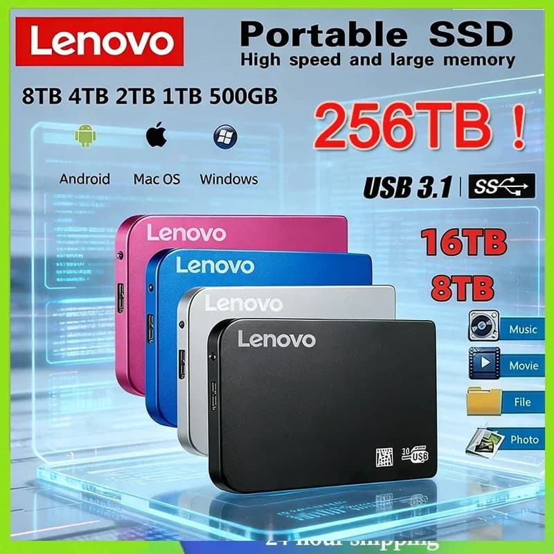 Lenovo SSD da 256TB ad Alta Velocità, Enclosure USB 3.0 per Unità SSD, Custodia per Disco Rigido Esterno con Cavo USB 3.0, in ABS