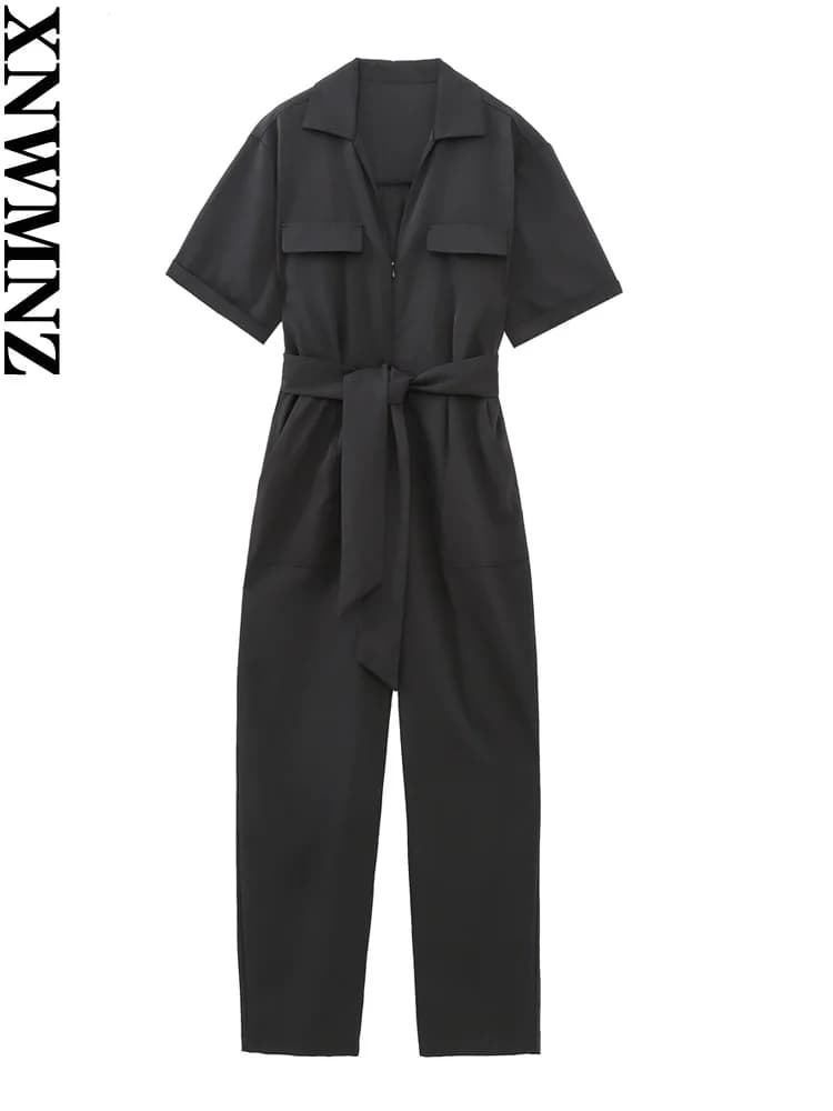 XNWMNZ 2023 moda donna cintura cerniera tuta donna retro risvolto manica corta tasca femminile chic tuta
