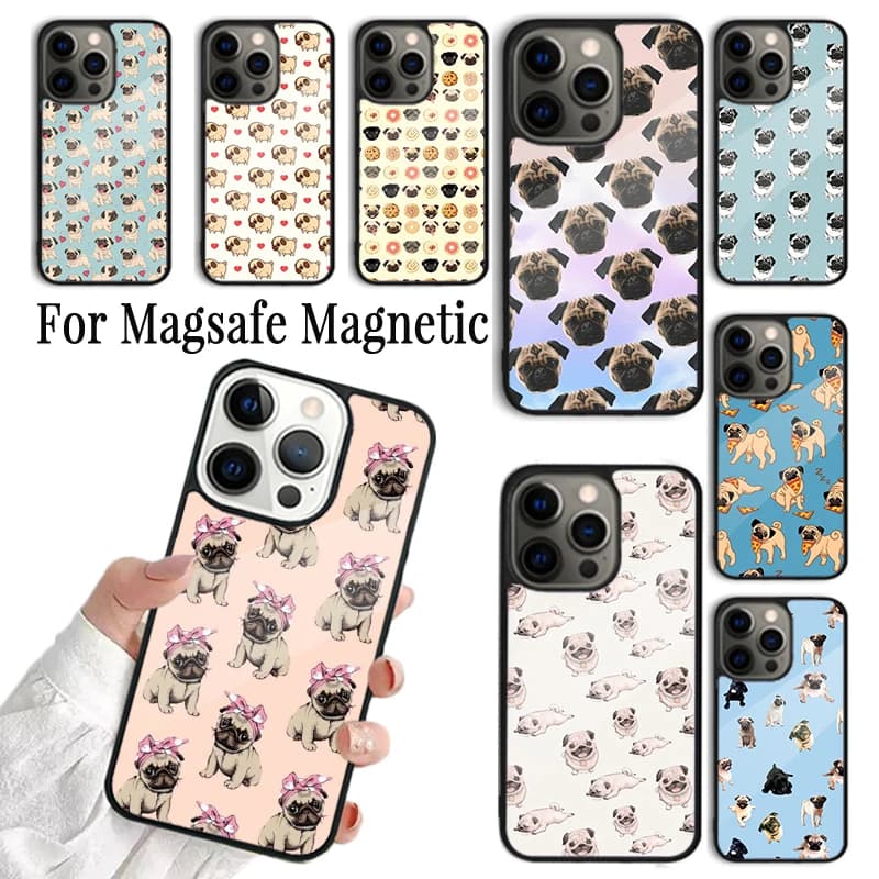 Cover per iPhone con simpatico cane Pug dei cartoni animati, compatibile con iPhone 17, AIR 16, 15, 14, 13, 12, 11 Pro Max Plus, custodia magnetica wireless Magsafe