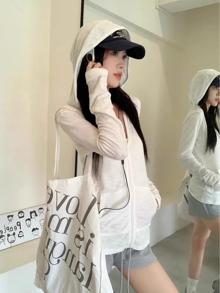 Cardigan aperto con cappuccio a maniche lunghe bianco stile casual da donna, design slim fit primavera-estate, versione coreana, giacca sportiva con protezione solare