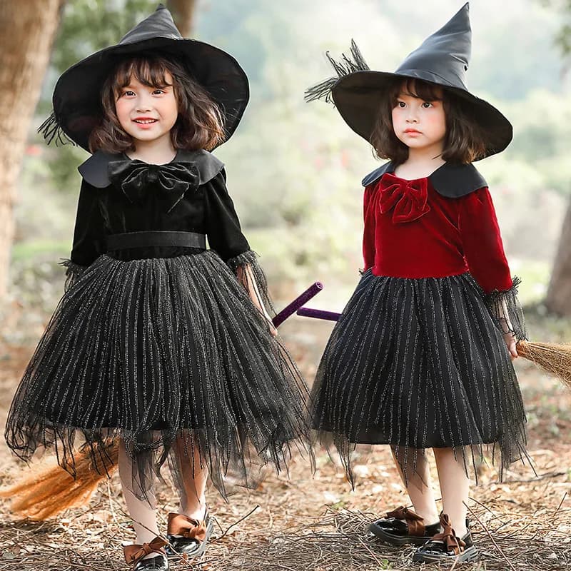 Black Witch Skirt Children's Halloween Costume Puffy Mesh Princess Dress Little Girl Devilish Fairy Tailored Clothing