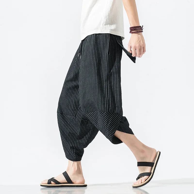 Men's Summer Loose Fit Striped Harajuku Pants Trendy Wide Leg Seven-Foot Jeans Casual Cotton Trousers for Middle-Aged Men