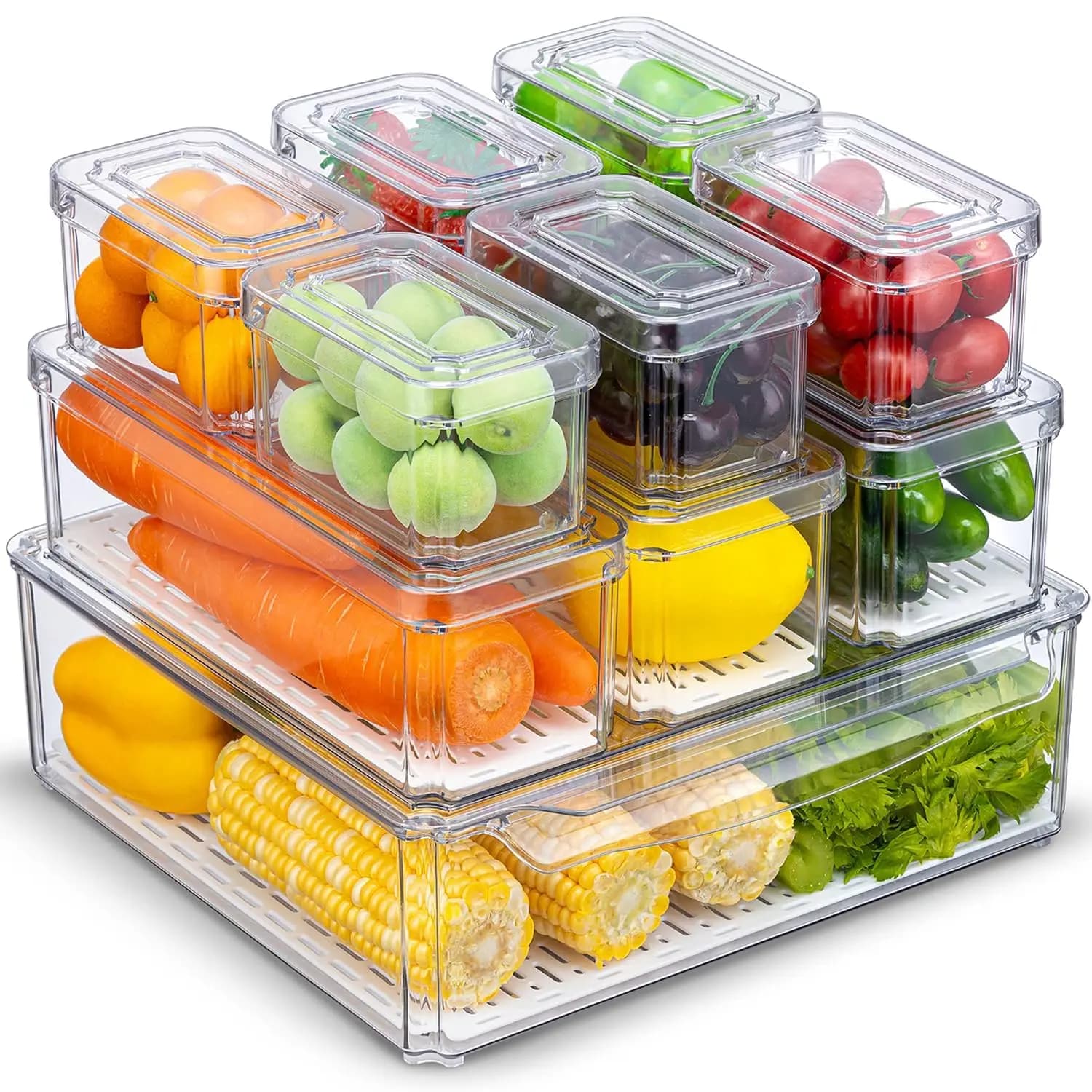 14 Pack Clear Fridge Organizer Bins Stackable with Lids Storage Containers for Fruit Vegetables Food Drinks Cereals Kitchen Storage