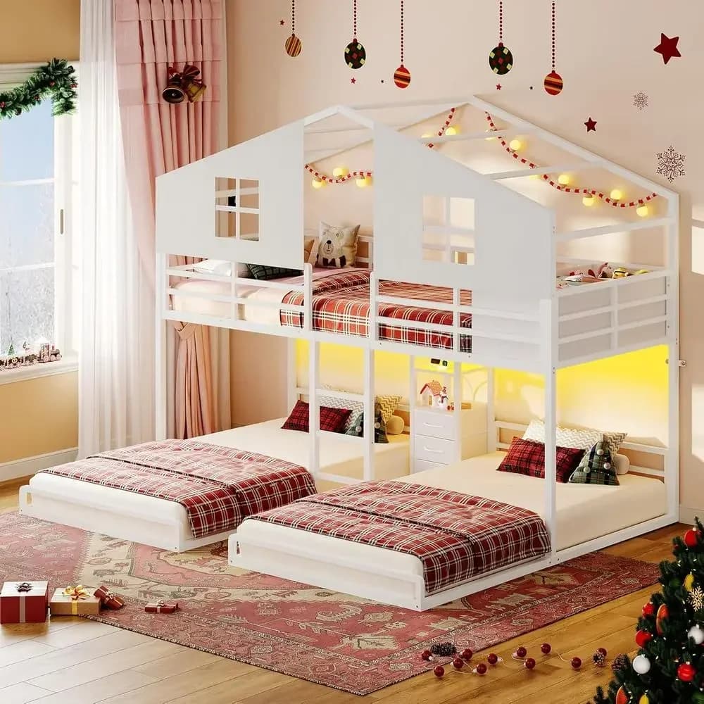 Letto a Castello a Forma di Casa per Bambini, Misura Twin, con 4 Cassetti, Stazione di Ricarica, Luci LED, Ringhiera di Sicurezza e Tenda da Gioco, in Metallo Bianco