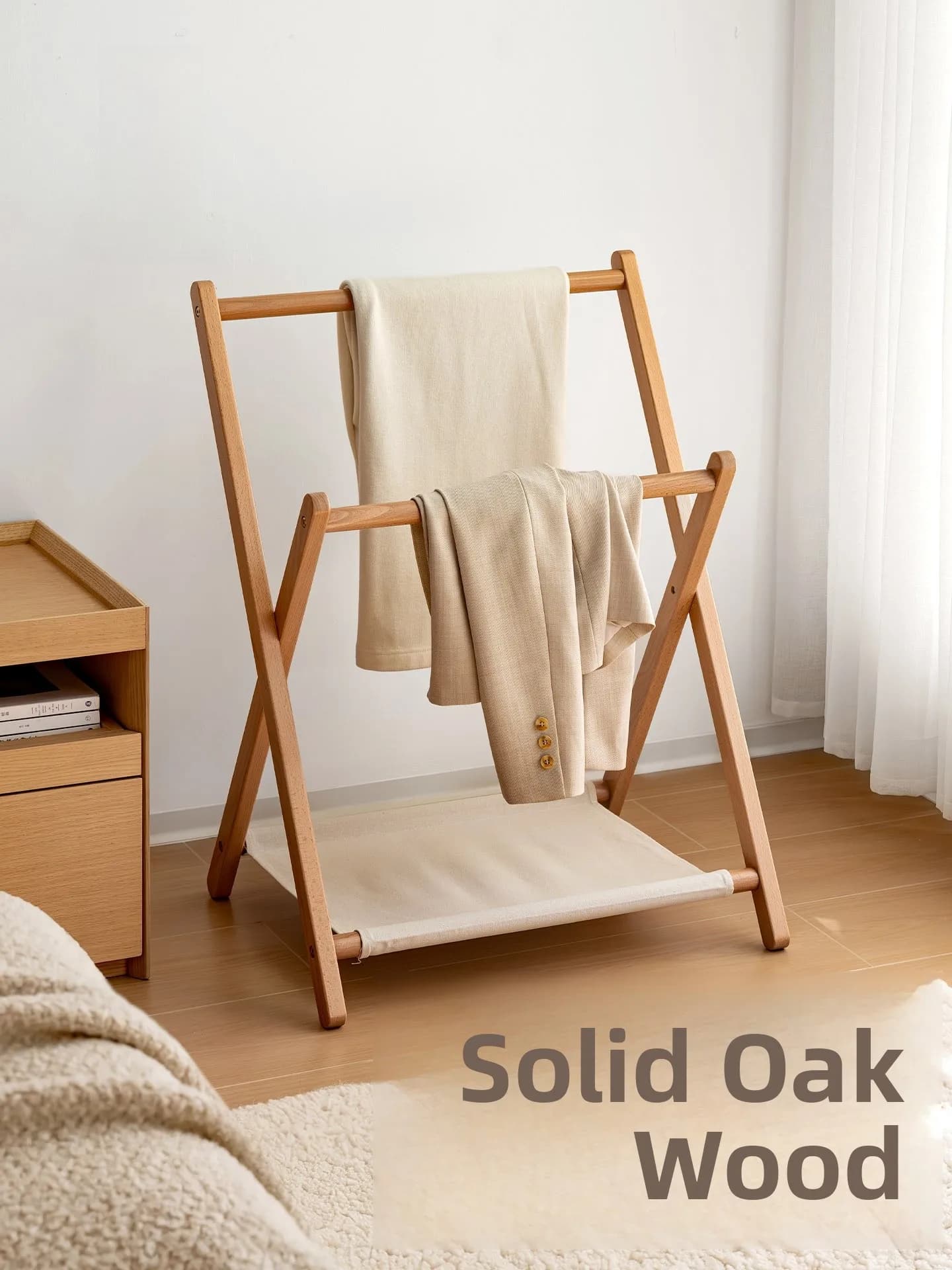 Lankjong Wood Floor-standing Clothes Drying Rack Small Size Bedroom Clothes Hanger Storage Organizer No Assembly Required