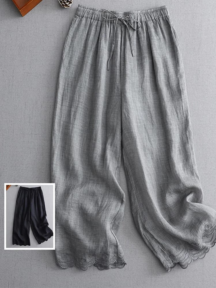 Retro Hemp Embroidered Straight Leg Nine-Piece Pants plus Size Women's High Waist Belted Slimming Drape Casual Wide Leg Summe...
